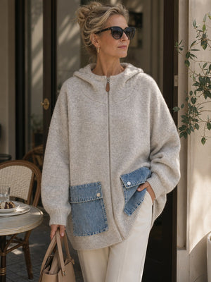 Eye-Catching Denim Pocket Hooded Knit Cardigan