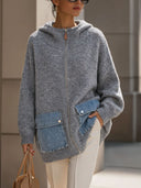 Eye-Catching Denim Pocket Hooded Knit Cardigan