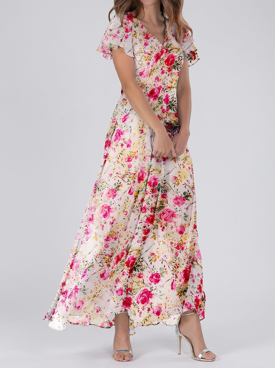 Eye-Catching Pink Floral Printed Chiffon Maxi Dress