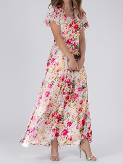 Eye-Catching Pink Floral Printed Chiffon Maxi Dress