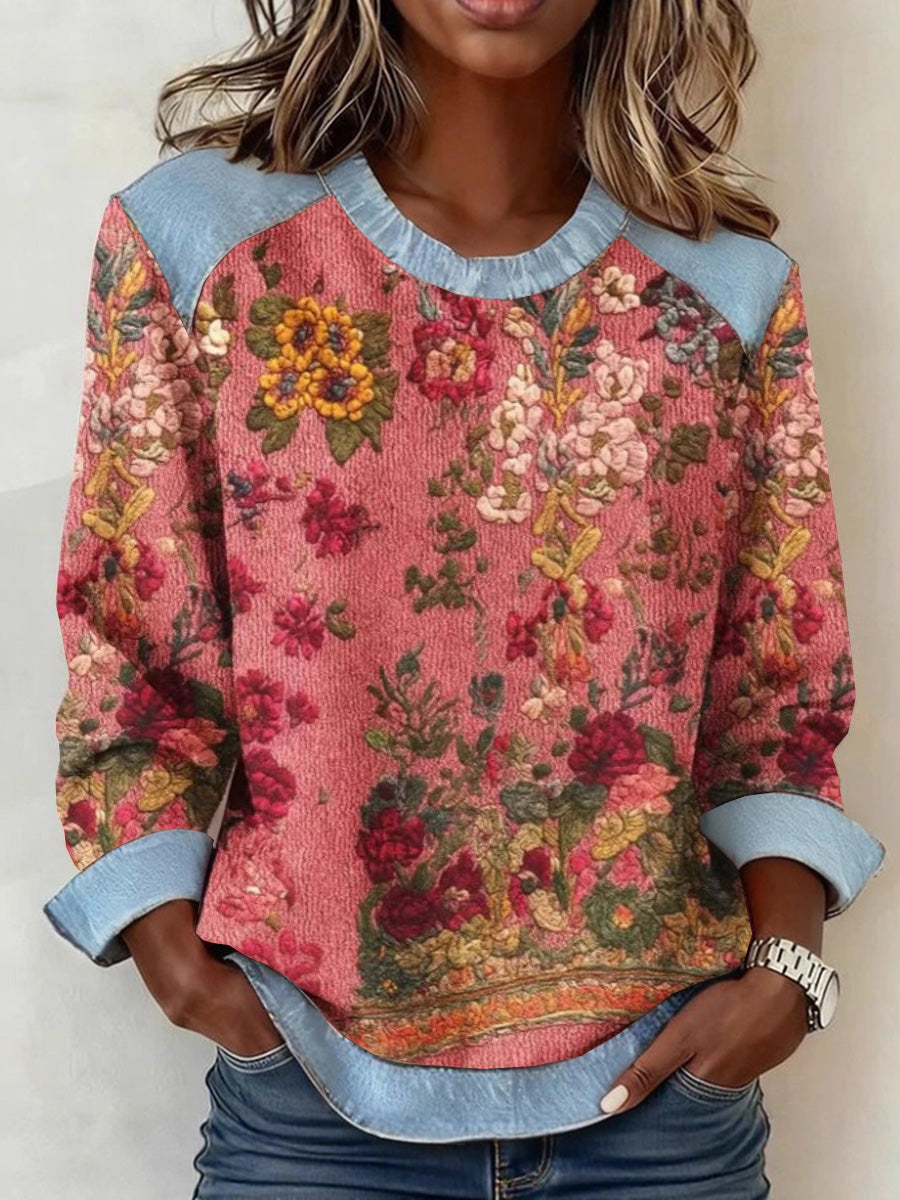 Eye-Catching Print Denim Patchwork Sweatshirt