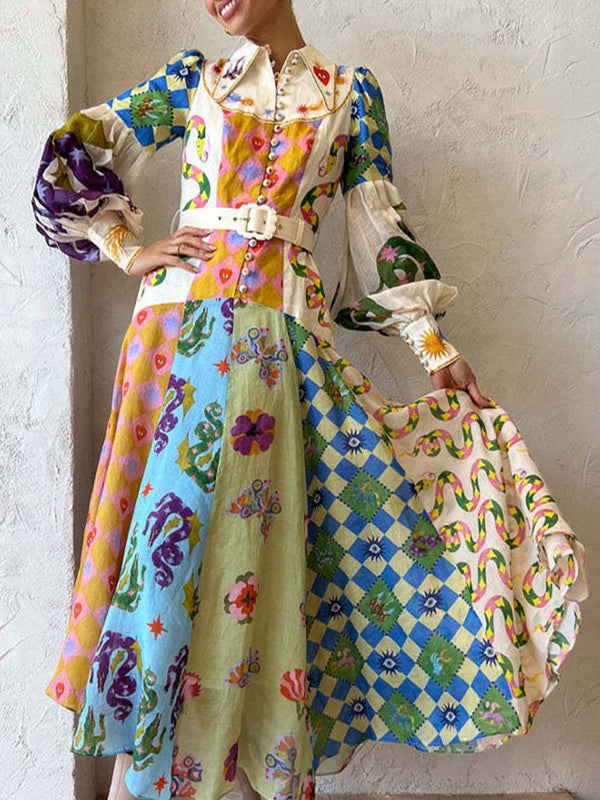 Eye-Catching Printed Long Sleeve Maxi Dress & With Belt