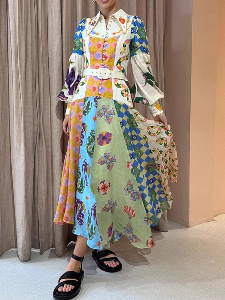 Eye-Catching Printed Long Sleeve Maxi Dress & With Belt