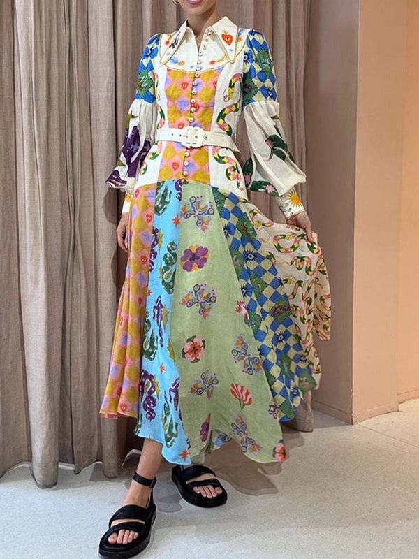 Eye-Catching Printed Long Sleeve Maxi Dress & With Belt