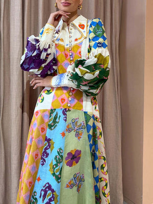 Eye-Catching Printed Long Sleeve Maxi Dress & With Belt