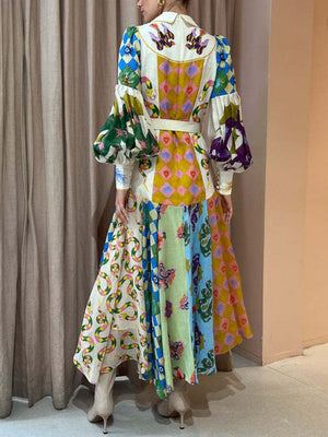 Eye-Catching Printed Long Sleeve Maxi Dress & With Belt
