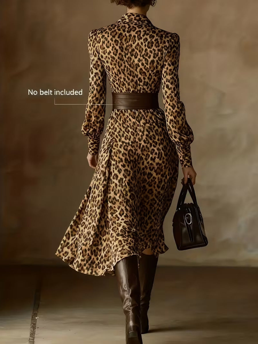 Fashion Leopard Print V-Neck Long Sleeve Dress