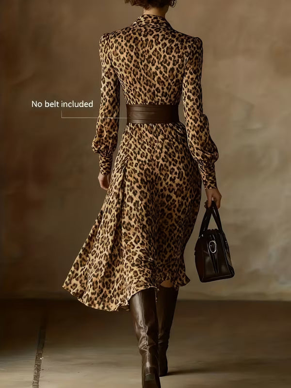 Fashion Leopard Print V-Neck Long Sleeve Dress