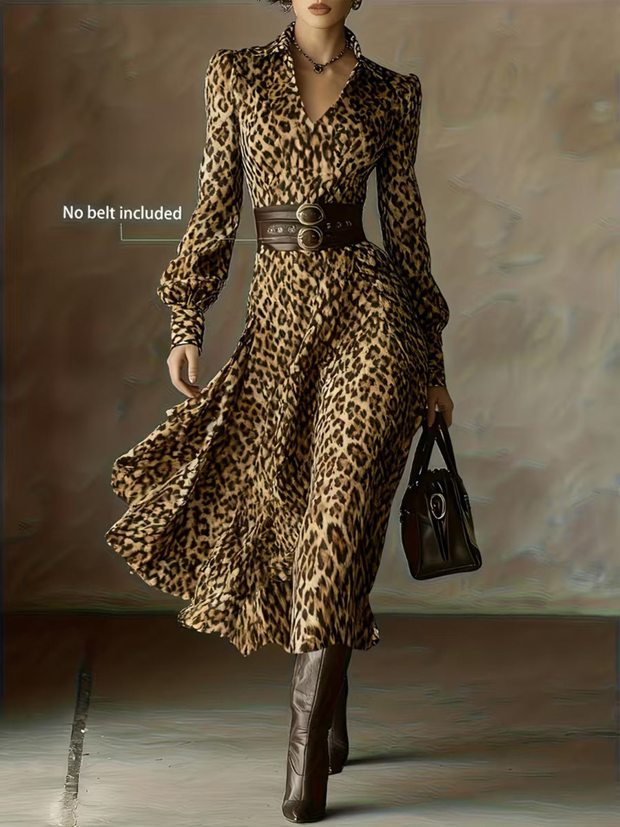 Fashion Leopard Print V-Neck Long Sleeve Dress