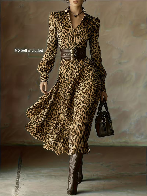 Fashion Leopard Print V-Neck Long Sleeve Dress