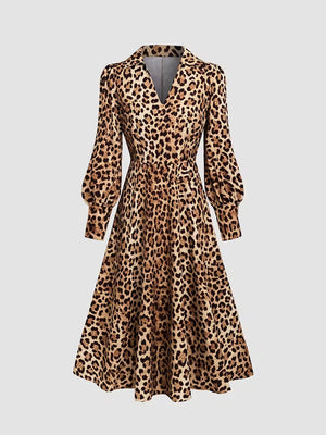 Fashion Leopard Print V-Neck Long Sleeve Dress
