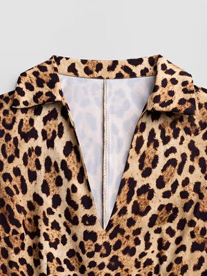 Fashion Leopard Print V-Neck Long Sleeve Dress
