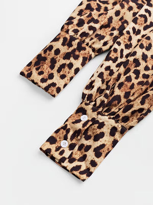 Fashion Leopard Print V-Neck Long Sleeve Dress