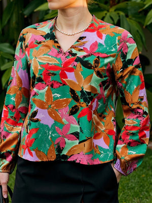 Fashion Print V-Neck Long-Sleeve Top
