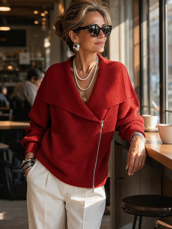 Fashionable Collar Two-Way Zip Knit Sweater
