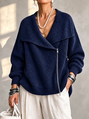 Fashionable Collar Two-Way Zip Knit Sweater