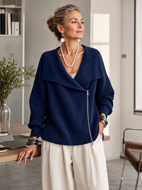 Fashionable Collar Two-Way Zip Knit Sweater