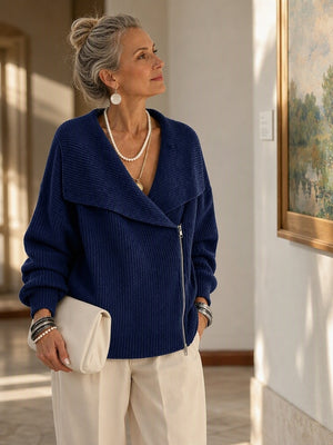 Fashionable Collar Two-Way Zip Knit Sweater