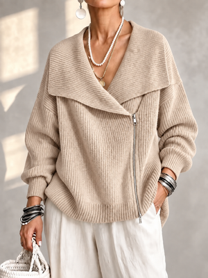 Fashionable Collar Two-Way Zip Knit Sweater