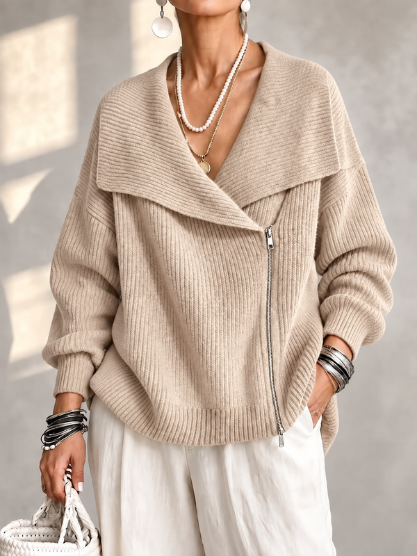 Fashionable Collar Two-Way Zip Knit Sweater