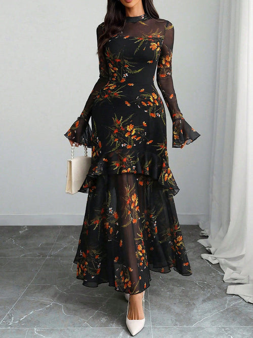 Festive Floral Bell-Sleeve Long Dress