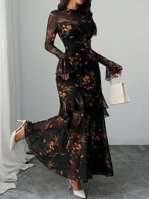 Festive Floral Bell-Sleeve Long Dress