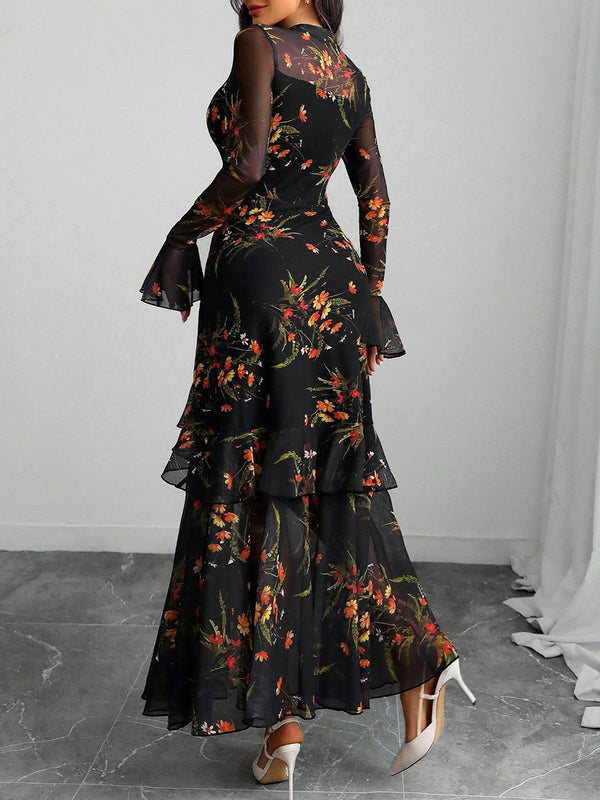 Festive Floral Bell-Sleeve Long Dress