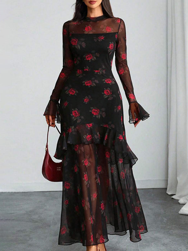 Festive Floral Bell-Sleeve Long Dress