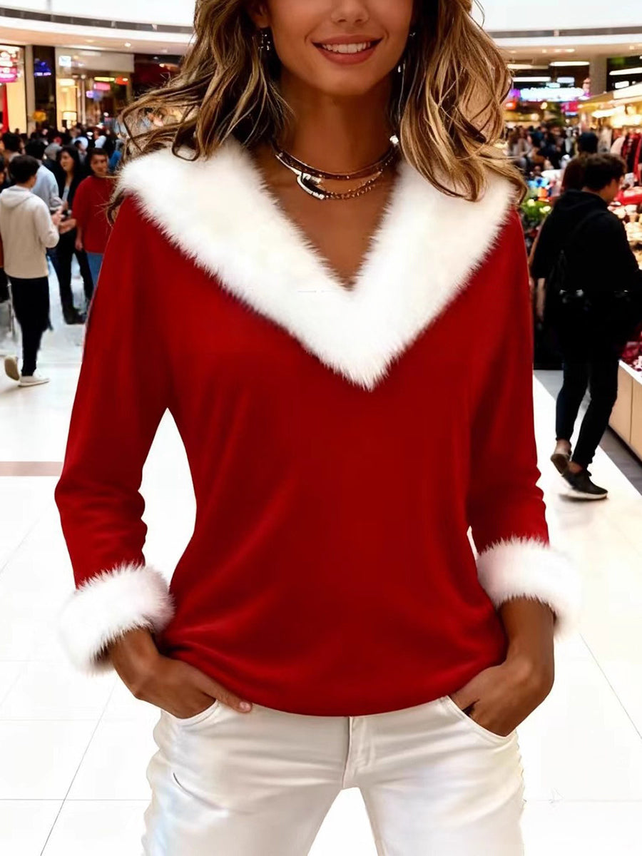 Festive V-Neck Long Sleeve Christmas Top
