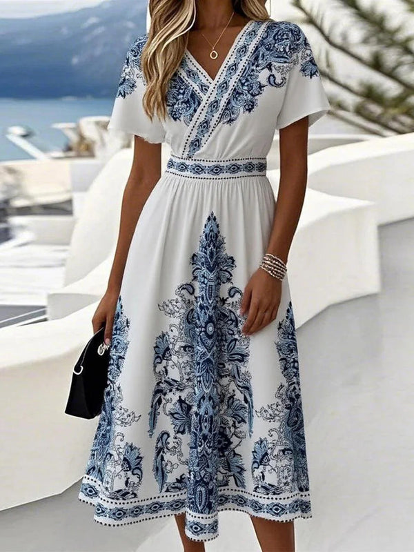 Flattering Ethnic-Print V-Neck Midi Dress