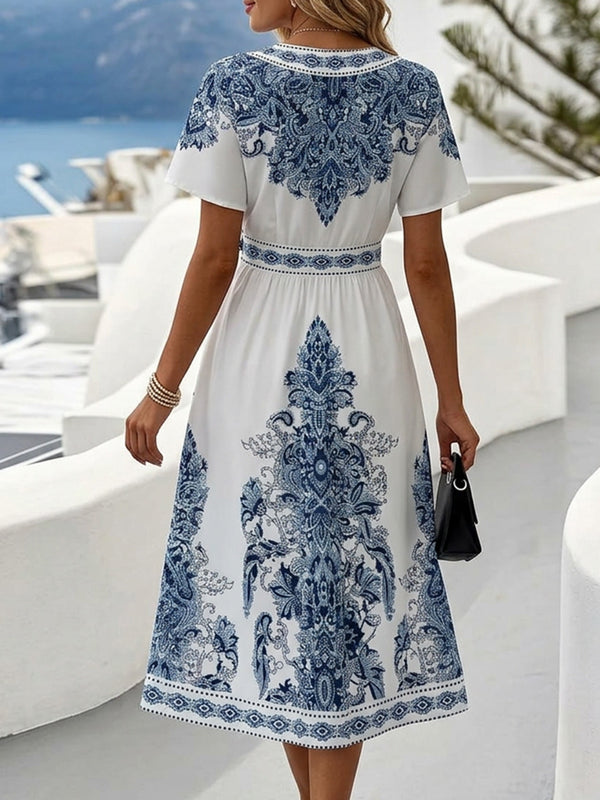 Flattering Ethnic-Print V-Neck Midi Dress