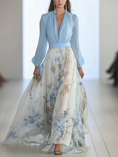 Robe longue à imprimé floral et col en V