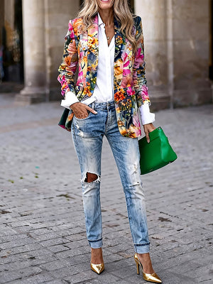 Floral Puff Sleeve Fitted Blazer