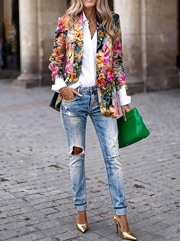 Floral Puff Sleeve Fitted Blazer