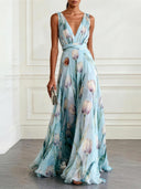 Floral Tulip V-Neck Evening Maxi Dress