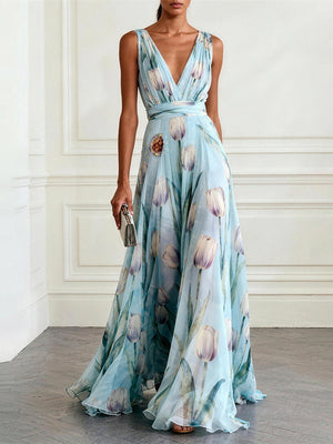 Floral Tulip V-Neck Evening Maxi Dress
