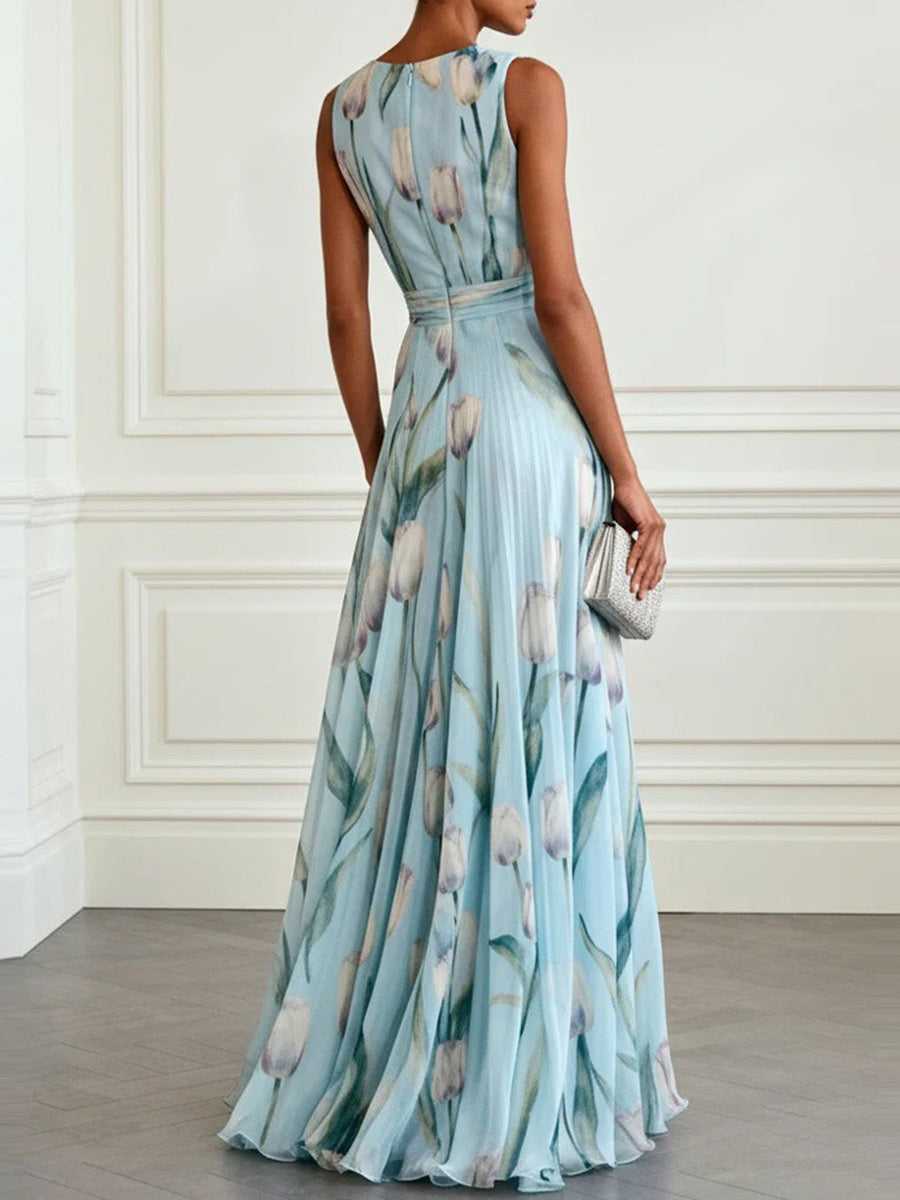 Floral Tulip V-Neck Evening Maxi Dress