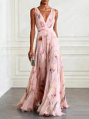 Floral Tulip V-Neck Evening Maxi Dress