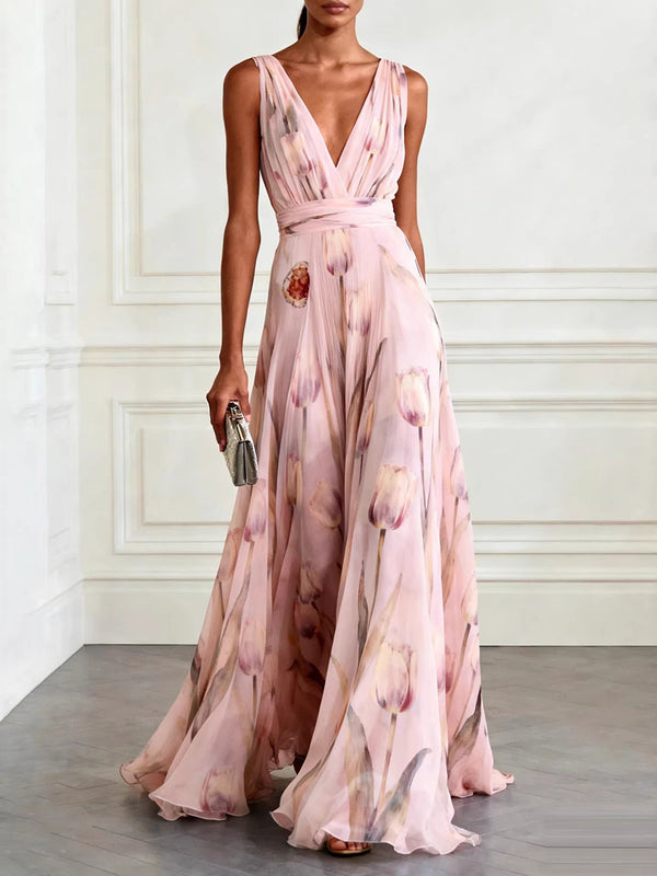 Floral Tulip V-Neck Evening Maxi Dress