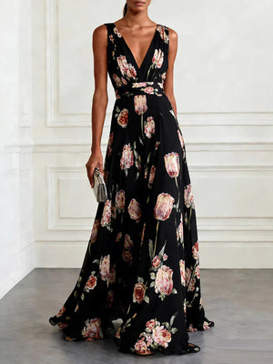 Floral Tulip V-Neck Evening Maxi Dress