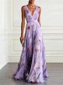 Floral Tulip V-Neck Evening Maxi Dress