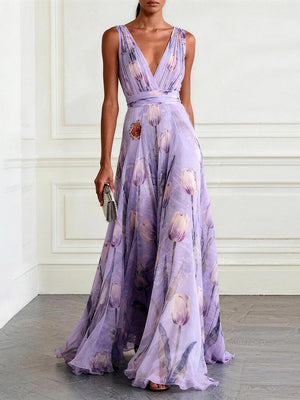 Floral Tulip V-Neck Evening Maxi Dress