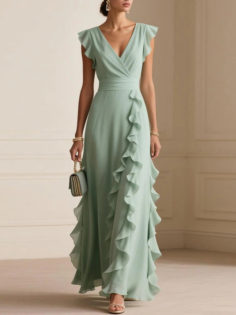 Flowing Pleated V-Neck Maxi Dress
