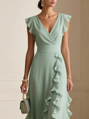 Flowing Pleated V-Neck Maxi Dress