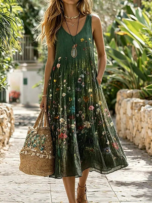 Forest Wildflower Printed V-Neck Pocket Midi Dress