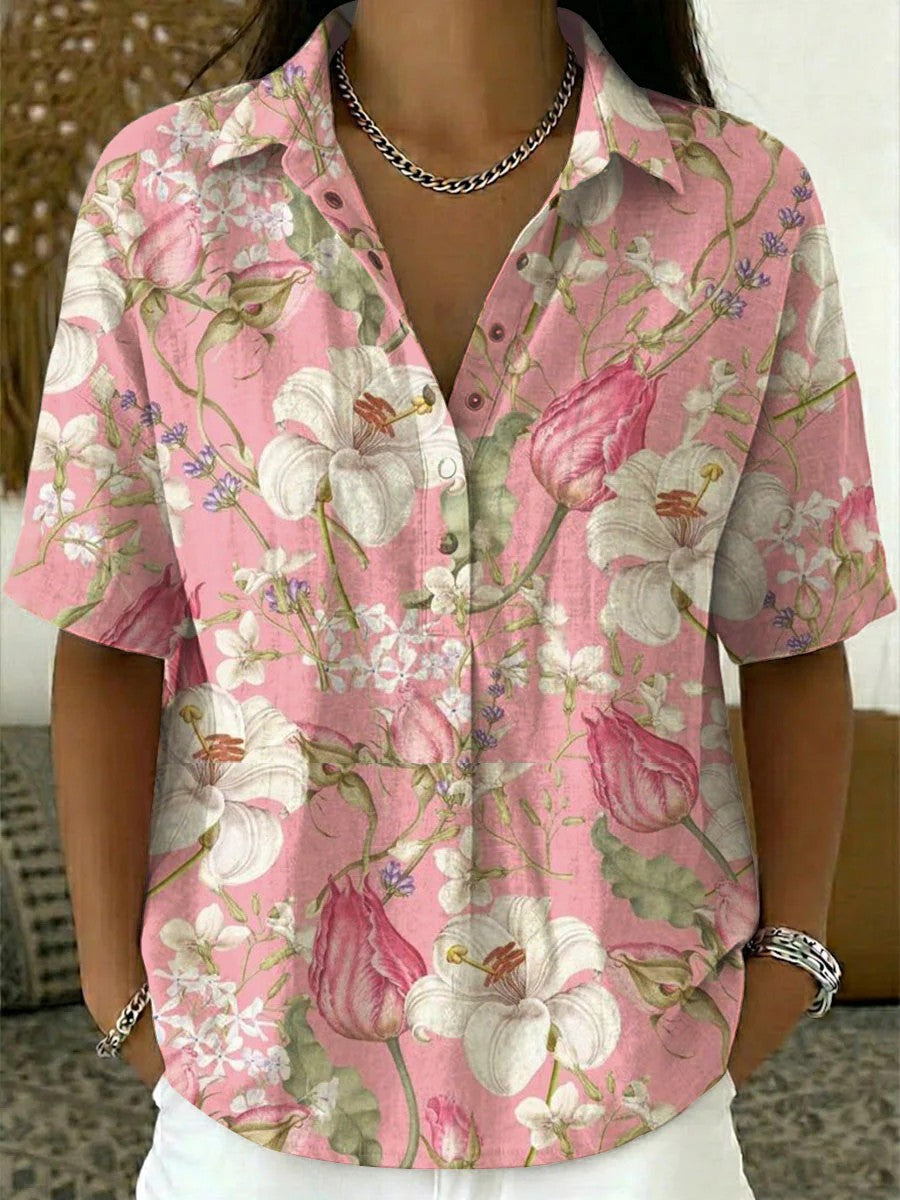 Fresh Floral Collared Short Sleeve Top
