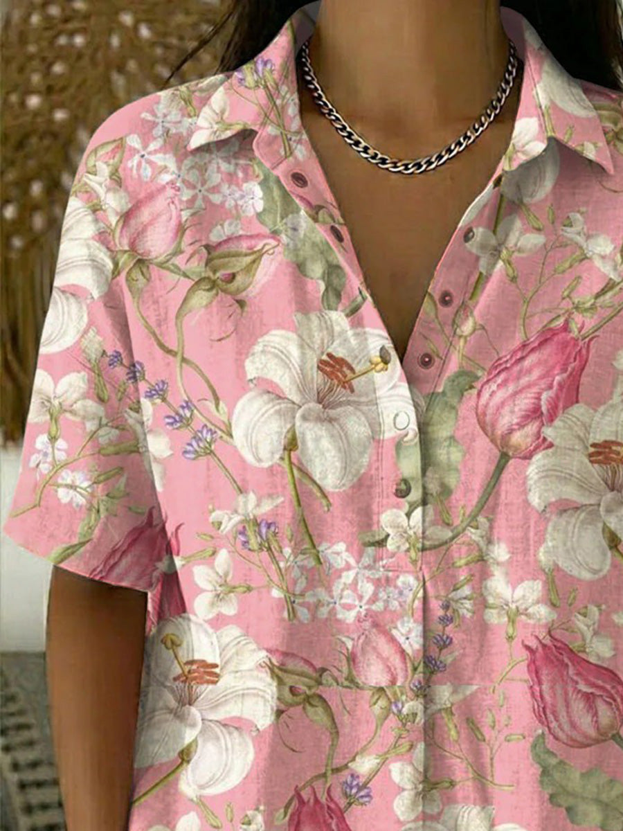 Fresh Floral Collared Short Sleeve Top