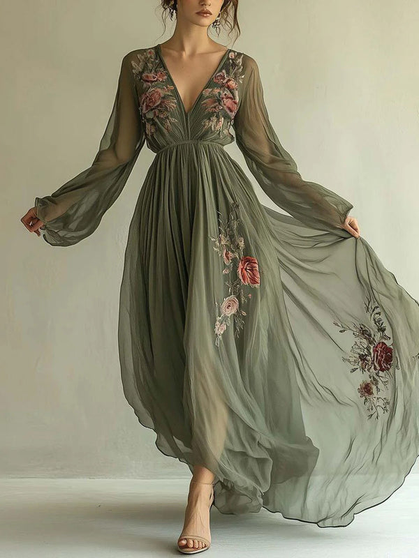 Green Flowy V-Neck Floral Long Dress