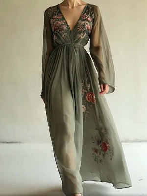 Green Flowy V-Neck Floral Long Dress