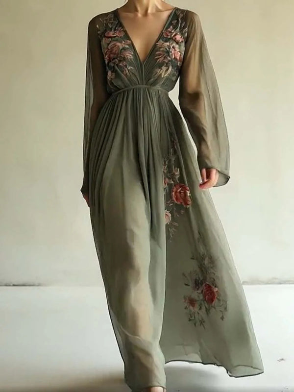 Green Flowy V-Neck Floral Long Dress